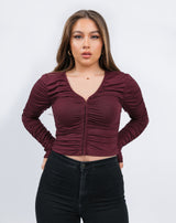 Ruched Long Sleeve Corset Top in Burgundy Red | Anastacia