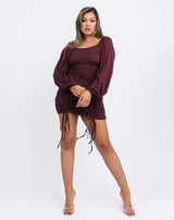 Square Neck Ruched Long Sleeve Mini Dress in Burgundy Red | Helena