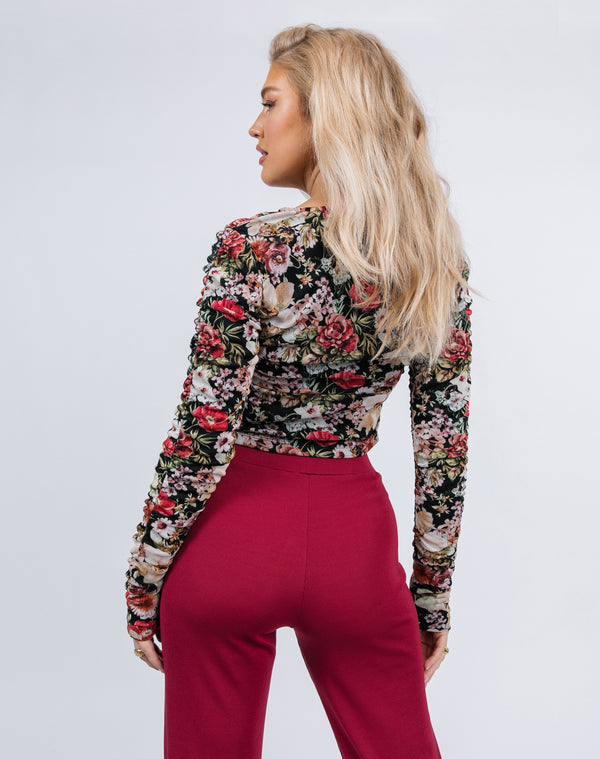 Ruched Mesh Long Sleeve Corset Top in Floral | Anastacia