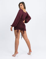 Square Neck Ruched Long Sleeve Mini Dress in Burgundy Red | Helena