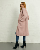 Quilted Long Open Front Coat with Pockets in Pink | Cali