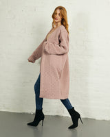Quilted Long Open Front Coat with Pockets in Pink | Cali