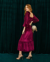 Long Sleeve Midi Dress in Red Wine Velvet | Maria