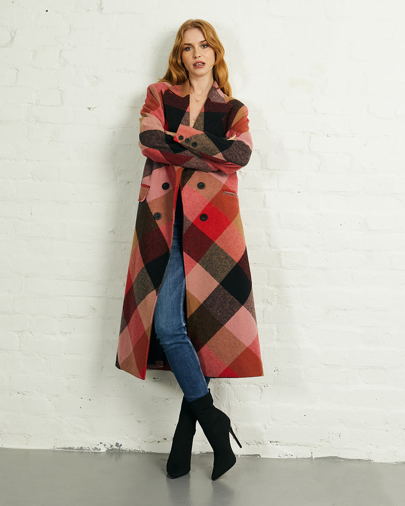 Double Breasted Long Coat in Red Black Bias Check