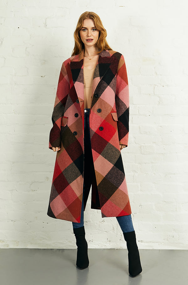 Double Breasted Long Coat in Double Breasted Long Coat in Blue Bias Check Success