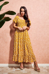 Square Neck Shirred Midi Dress, Yellow Floral Midi Dress for Women