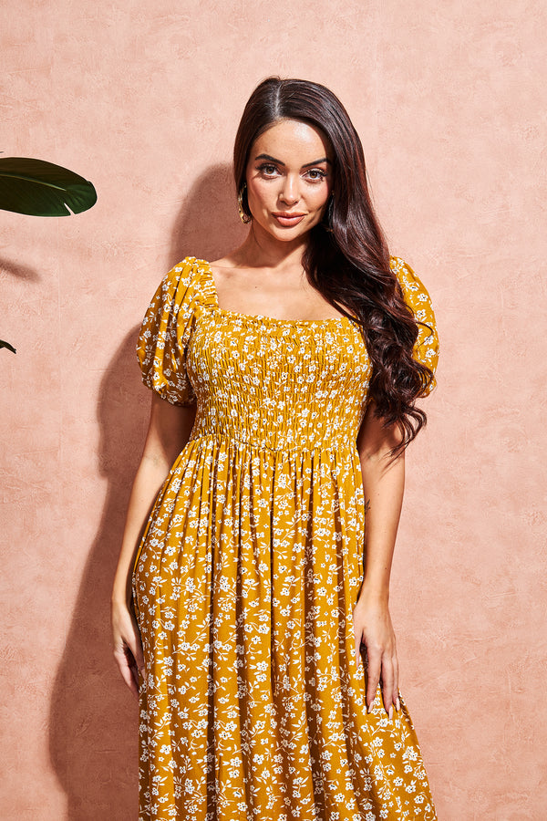 Square Neck Shirred Midi Dress, Yellow Floral Midi Dress for Women