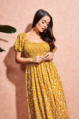 Square Neck Shirred Midi Dress, Yellow Floral Midi Dress for Women