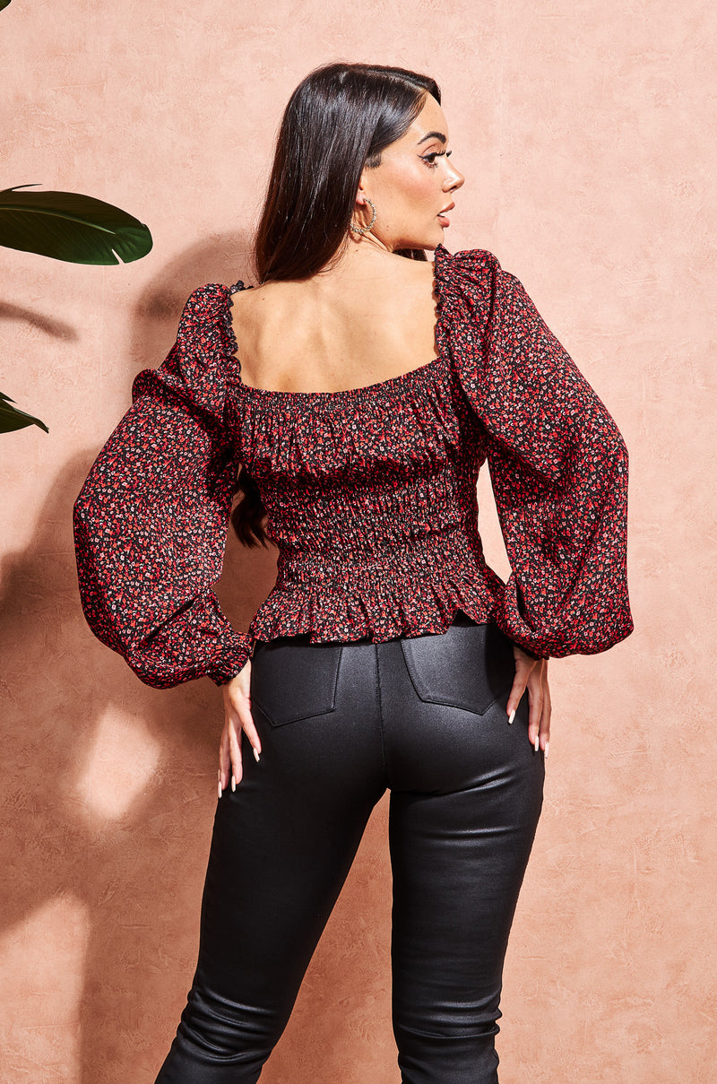 Long Sleeve Top for Women, Red Black Floral Top