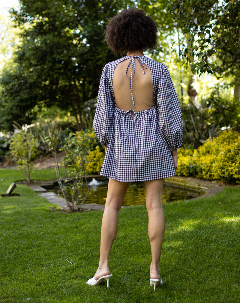Open Back Long Sleeve Mini Dress in Black and White Gingham | Pippa