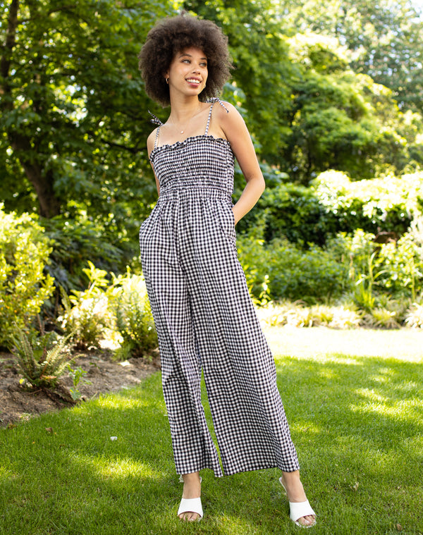Shirred Jumpsuit with Wide Leg in Black and White Gingham | Poppy