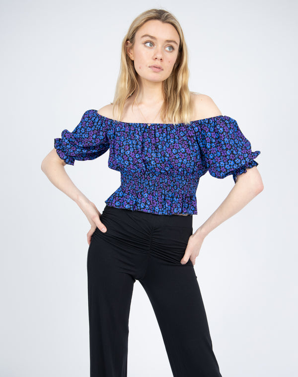 Short Sleeve Bardot Crop Top in Blue Floral | Fatima