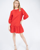 Peplum Hem Cotton Mini Dress in Red | Clarissa