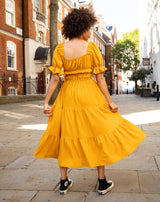 Square Neck Shirred Midi Dress in Yellow | Jessie