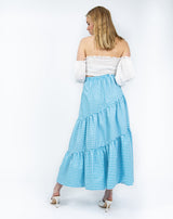 Diagonal Tier Midi Skirt in Sky Blue Gingham | Aphrodite
