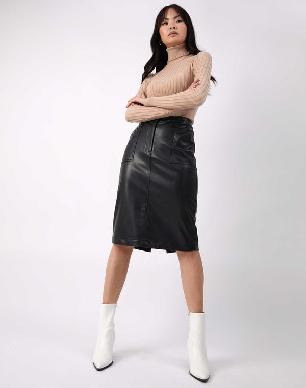 Black PU Midi Skirt With Pockets