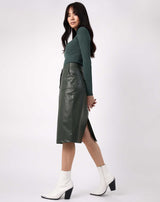 Green PU Midi Skirt With Pockets