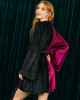 Flared Sleeve Mini Wrap Dress in Black and Red Velvet | Scarlett