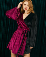 Flared Sleeve Mini Wrap Dress in Black and Red Velvet | Scarlett