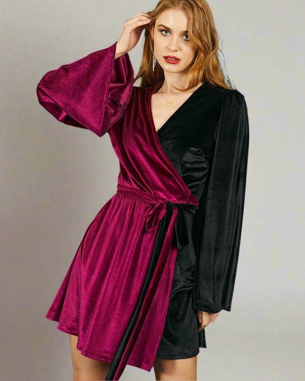 Flared Sleeve Mini Wrap Dress in Black and Red Velvet | Scarlett