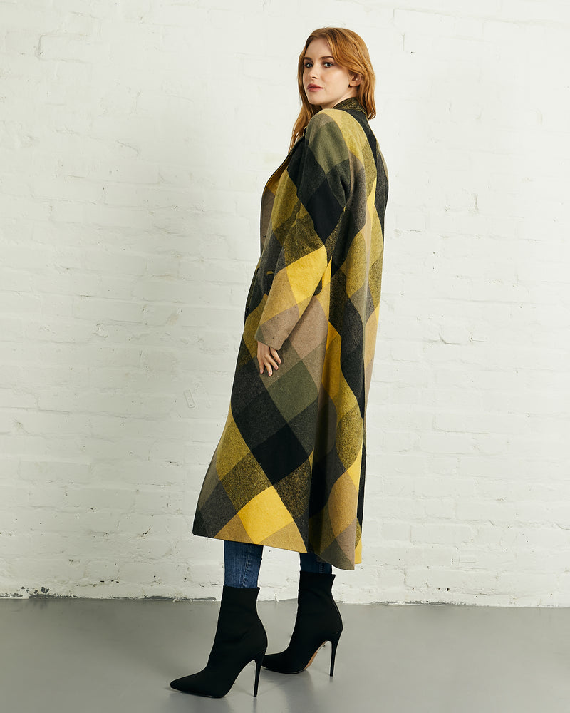 Double Breasted Long Coat in Yellow Black Check