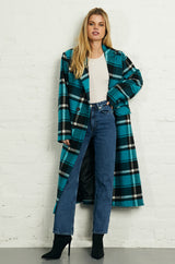 Double Breasted Long Coat in Blue and Black Check