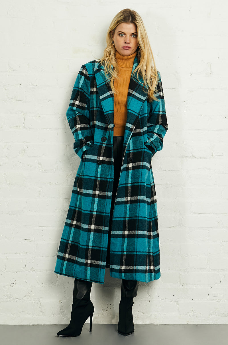 Double Breasted Long Coat in Blue Bias Check