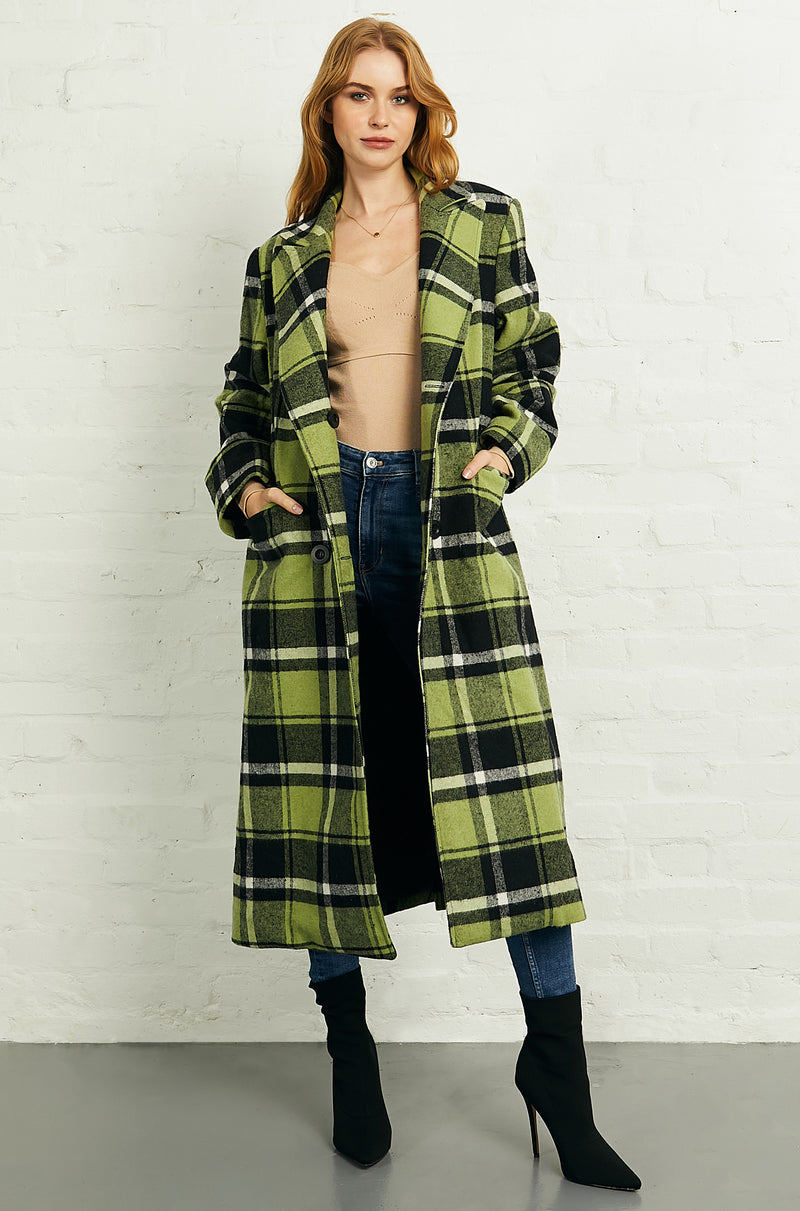 Double Breasted Long Coat in Green Black Check