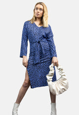 Tie Front Long Sleeve Jersey Midi Dress in Blue Leopard | Hannah
