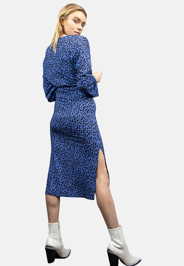 Tie Front Long Sleeve Jersey Midi Dress in Blue Leopard | Hannah