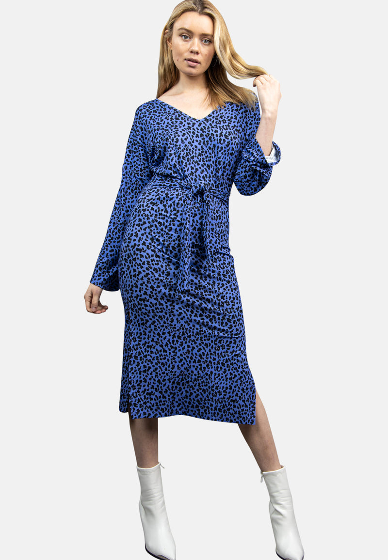 Tie Front Long Sleeve Jersey Midi Dress in Blue Leopard | Hannah