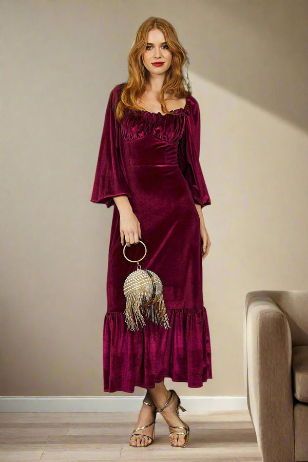 Long Sleeve Midi Dress in Red Wine Velvet | Maria